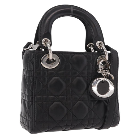 Christian Dior Cannage Mini Hand Bag Lamb Skin 2way Black Silver Auth 190113A