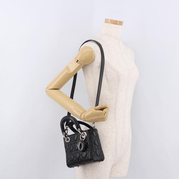 Christian Dior Cannage Mini Hand Bag Lamb Skin 2way Black Silver Auth 190113A