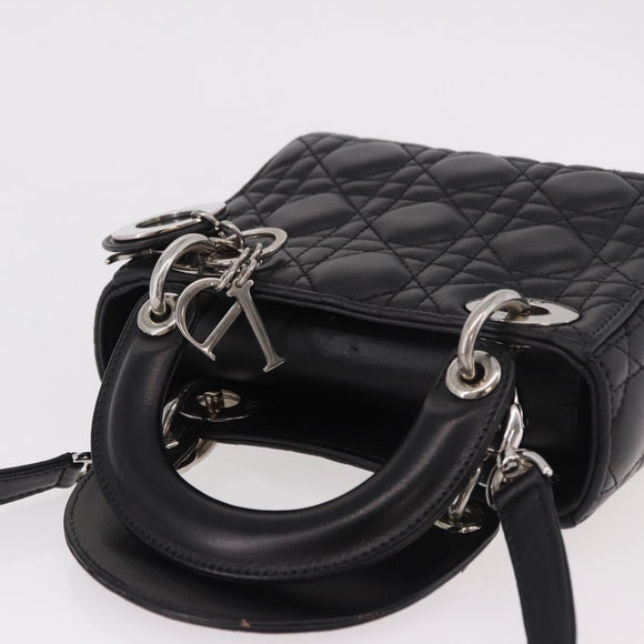 Christian Dior Cannage Mini Hand Bag Lamb Skin 2way Black Silver Auth 190113A