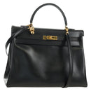 HERMES Box Calf Kelly 32 Hand Bag Leather 2way Black Gold Auth 190133SM-1