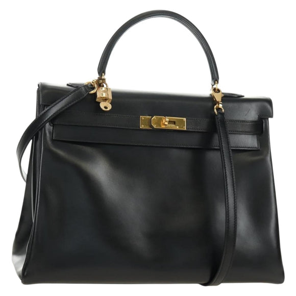 HERMES Box Calf Kelly 32 Hand Bag Leather 2way Black Gold Auth 190133SM