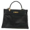 HERMES Box Calf Kelly 32 Hand Bag Leather 2way Black Gold Auth 190133SM-2