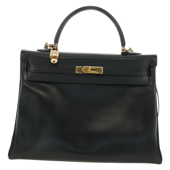 HERMES Box Calf Kelly 32 Hand Bag Leather 2way Black Gold Auth 190133SM