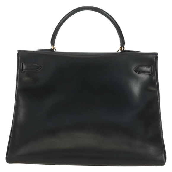 HERMES Box Calf Kelly 32 Hand Bag Leather 2way Black Gold Auth 190133SM