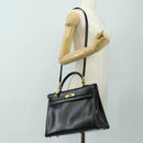 HERMES Box Calf Kelly 32 Hand Bag Leather 2way Black Gold Auth 190133SM-32