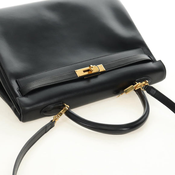 HERMES Box Calf Kelly 32 Hand Bag Leather 2way Black Gold Auth 190133SM