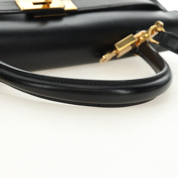 HERMES Box Calf Kelly 32 Hand Bag Leather 2way Black Gold Auth 190133SM