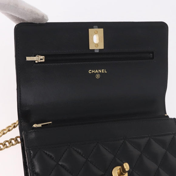 CHANEL Matelasse Chain Shoulder Bag Lamb Skin Black Gold CC Auth 190135SAM