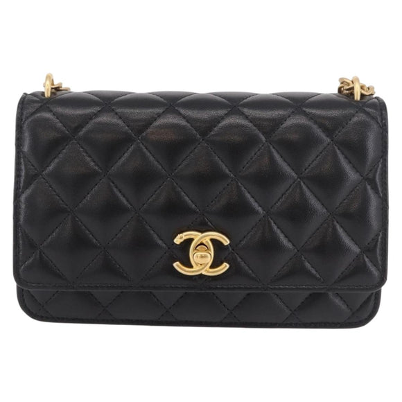 CHANEL Matelasse Chain Shoulder Bag Lamb Skin Black Gold CC Auth 190135SAM