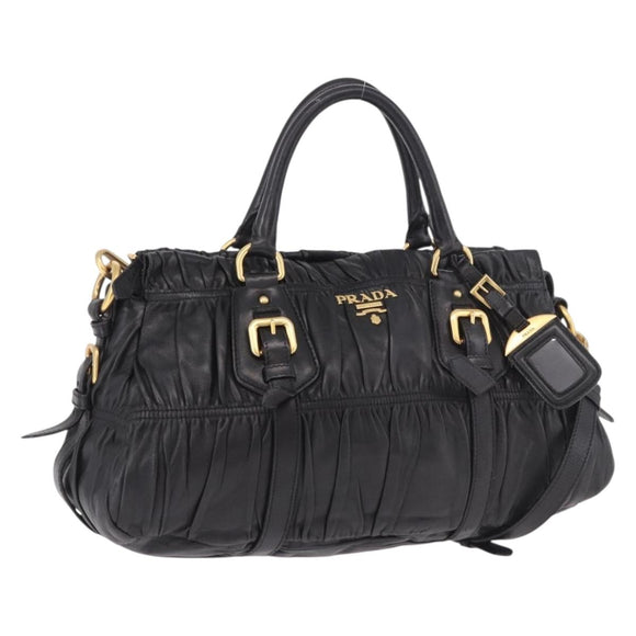PRADA Gathered Hand Bag Leather 2way Black Gold Auth 190154V
