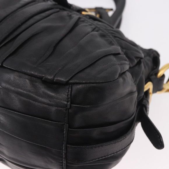 PRADA Gathered Hand Bag Leather 2way Black Gold Auth 190154V