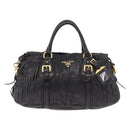 PRADA Gathered Hand Bag Leather 2way Black Gold Auth 190154V-13