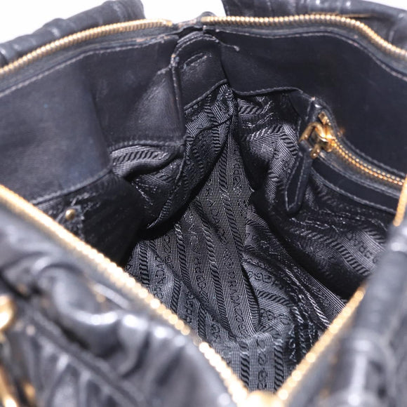 PRADA Gathered Hand Bag Leather 2way Black Gold Auth 190154V