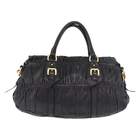 PRADA Gathered Hand Bag Leather 2way Black Gold Auth 190154V