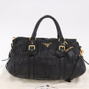 PRADA Gathered Hand Bag Leather 2way Black Gold Auth 190154V-12