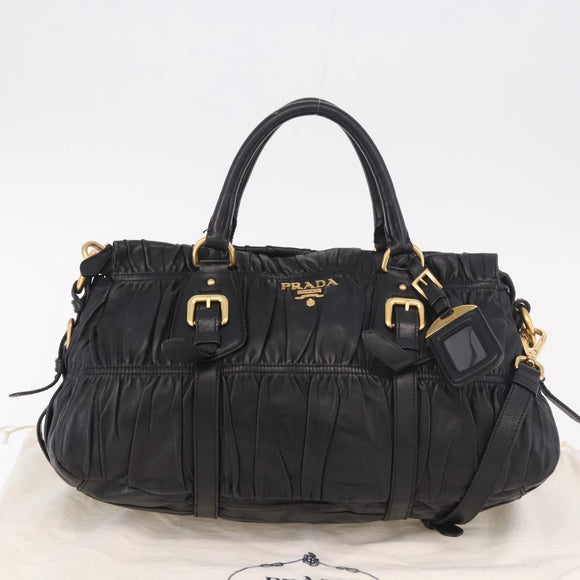 PRADA Gathered Hand Bag Leather 2way Black Gold Auth 190154V