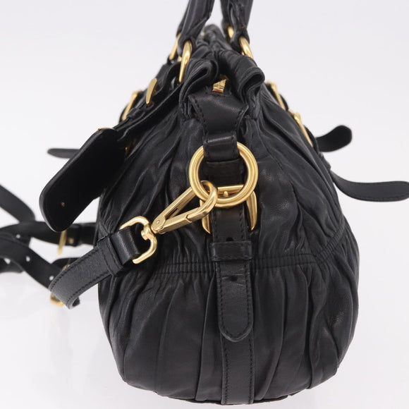 PRADA Gathered Hand Bag Leather 2way Black Gold Auth 190154V