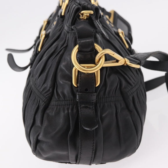 PRADA Gathered Hand Bag Leather 2way Black Gold Auth 190154V