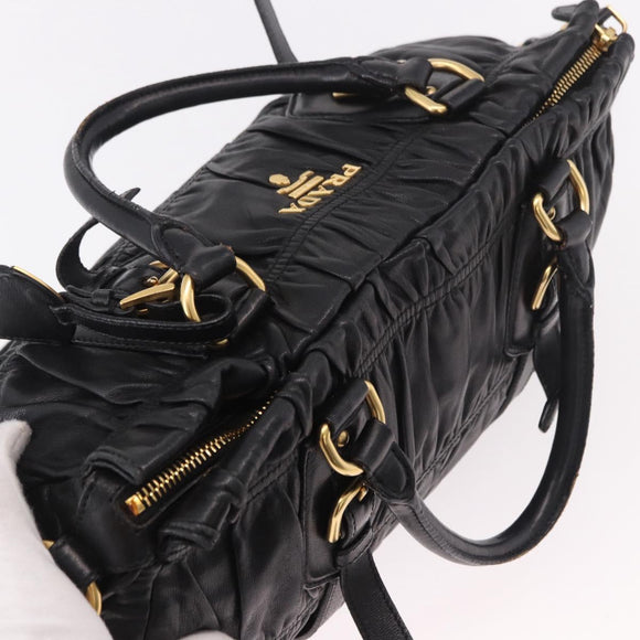 PRADA Gathered Hand Bag Leather 2way Black Gold Auth 190154V