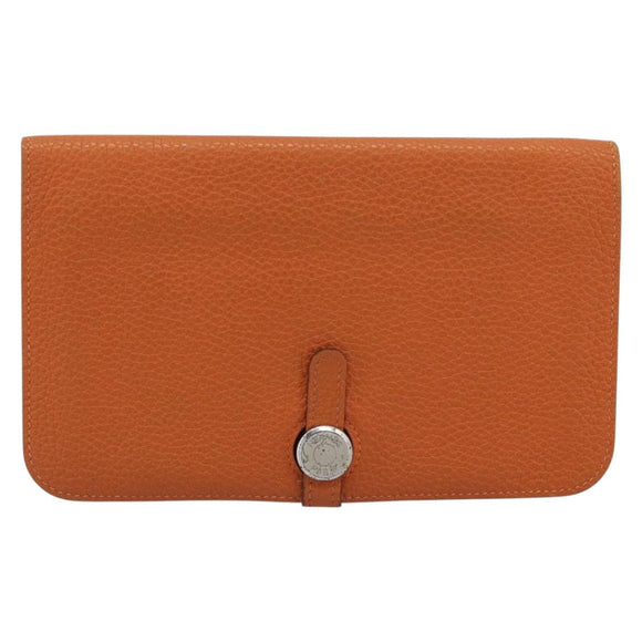 HERMES Dogon GM Wallet Togo leather Orange Silver Auth 190176A
