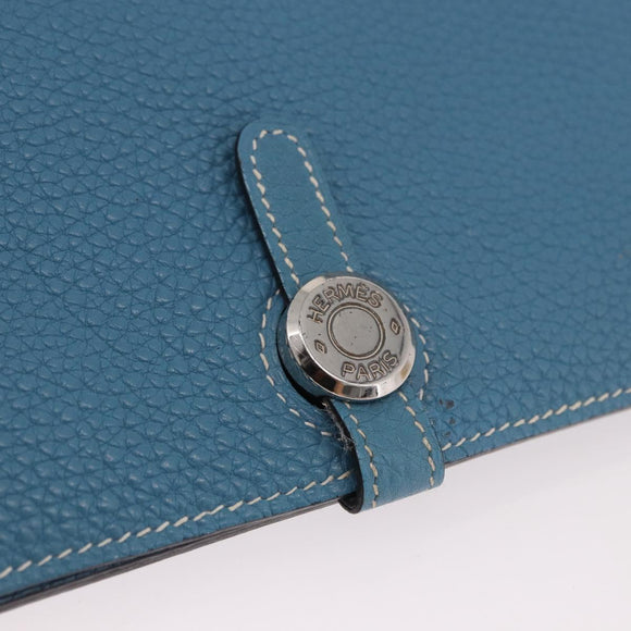 HERMES Dogon GM Wallet Togo leather Blue Silver Auth 190177M
