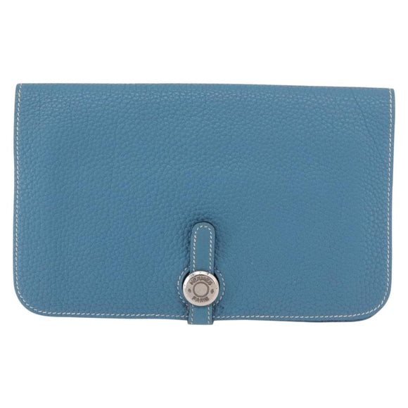 HERMES Dogon GM Wallet Togo leather Blue Silver Auth 190177M