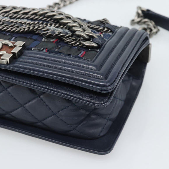 CHANEL Boy Chanel Chain Shoulder Bag Denim Blue Silver CC Auth 190194SAM