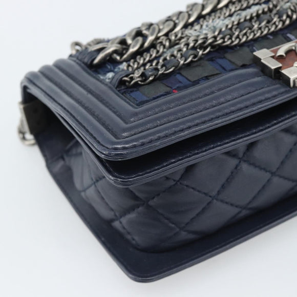 CHANEL Boy Chanel Chain Shoulder Bag Denim Blue Silver CC Auth 190194SAM