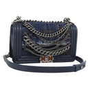 CHANEL Boy Chanel Chain Shoulder Bag Denim Blue Silver CC Auth 190194SAM-1
