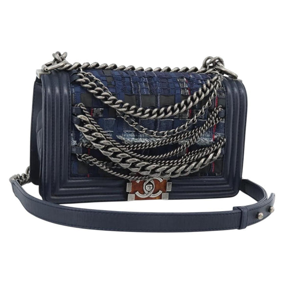 CHANEL Boy Chanel Chain Shoulder Bag Denim Blue Silver CC Auth 190194SAM