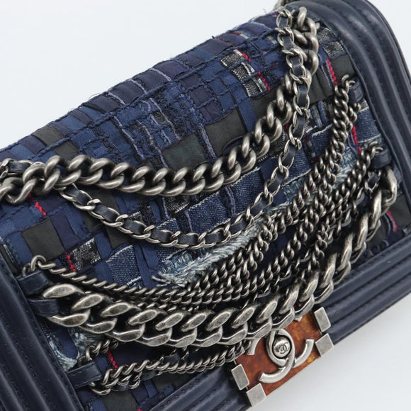 CHANEL Boy Chanel Chain Shoulder Bag Denim Blue Silver CC Auth 190194SAM