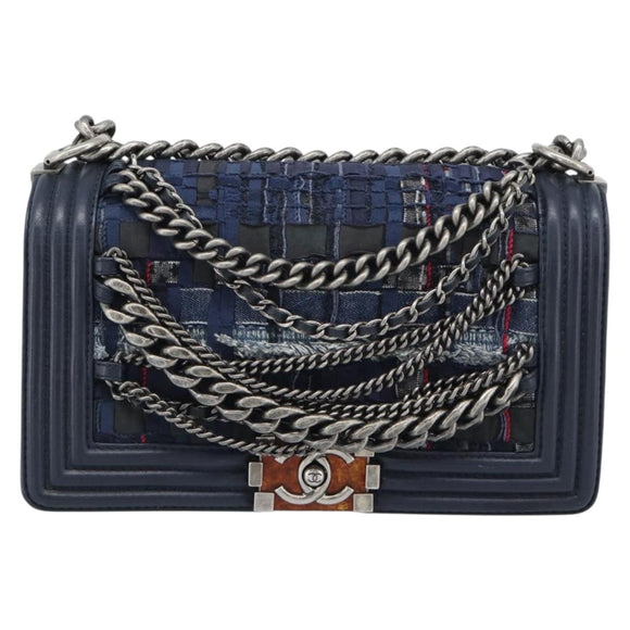 CHANEL Boy Chanel Chain Shoulder Bag Denim Blue Silver CC Auth 190194SAM