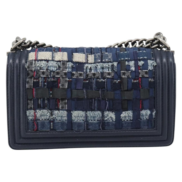 CHANEL Boy Chanel Chain Shoulder Bag Denim Blue Silver CC Auth 190194SAM