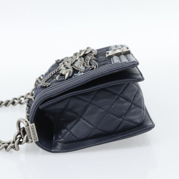 CHANEL Boy Chanel Chain Shoulder Bag Denim Blue Silver CC Auth 190194SAM
