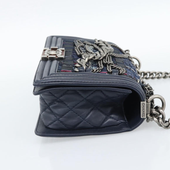 CHANEL Boy Chanel Chain Shoulder Bag Denim Blue Silver CC Auth 190194SAM