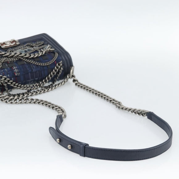CHANEL Boy Chanel Chain Shoulder Bag Denim Blue Silver CC Auth 190194SAM