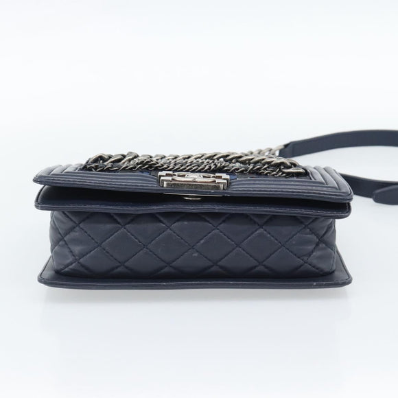CHANEL Boy Chanel Chain Shoulder Bag Denim Blue Silver CC Auth 190194SAM