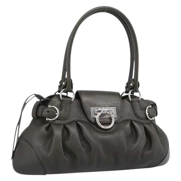 Salvatore Ferragamo Gancini Tote Bag Leather Khaki Silver Auth 190197A