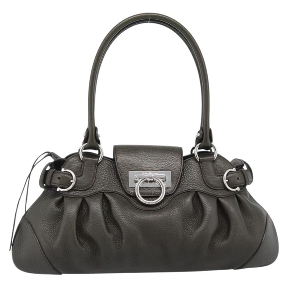 Salvatore Ferragamo Gancini Tote Bag Leather Khaki Silver Auth 190197A