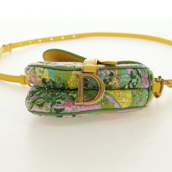 Christian Dior Micro Saddle Hand Bag Canvas Beads 2way Green Gold Auth 190200SAM