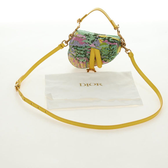 Christian Dior Micro Saddle Hand Bag Canvas Beads 2way Green Gold Auth 190200SAM