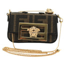 FENDI FENDACE Nano Baguette Chain Shoulder Pouch Black Brown Auth 190223SAM-13