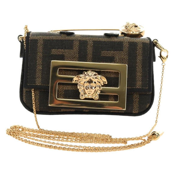 FENDI FENDACE Nano Baguette Chain Shoulder Pouch Black Brown Auth 190223SAM