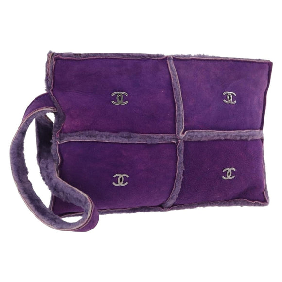 CHANEL Choco Bar Pouch Mouton Purple Silver CC Auth 190227A