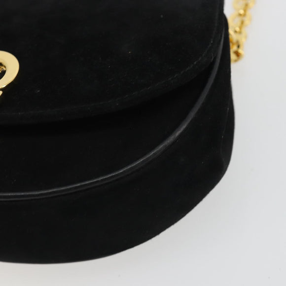 Salvatore Ferragamo Gancini Chain Shoulder Bag Suede Black Gold Auth 190242
