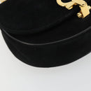 Salvatore Ferragamo Gancini Chain Shoulder Bag Suede Black Gold Auth 190242-16