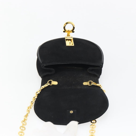 Salvatore Ferragamo Gancini Chain Shoulder Bag Suede Black Gold Auth 190242