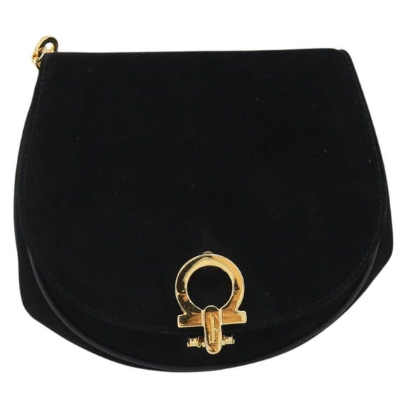 Salvatore Ferragamo Gancini Chain Shoulder Bag Suede Black Gold Auth 190242