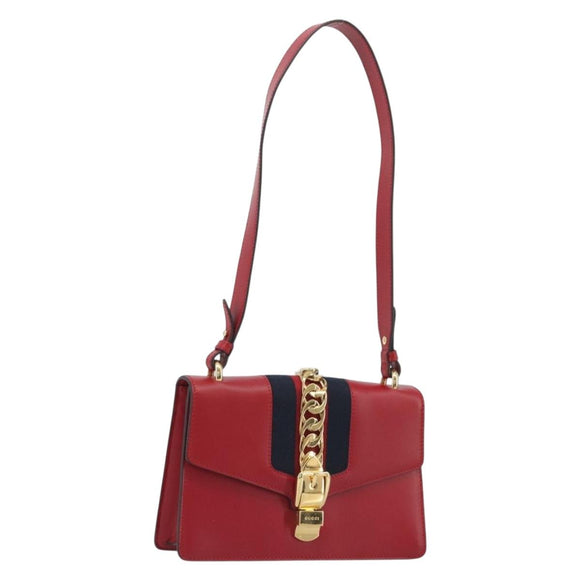 GUCCI Sherry Line Silvi Shoulder Bag Leather Red Gold 421882 Auth 190243V