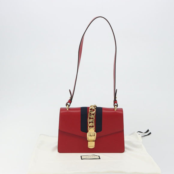 GUCCI Sherry Line Silvi Shoulder Bag Leather Red Gold 421882 Auth 190243V